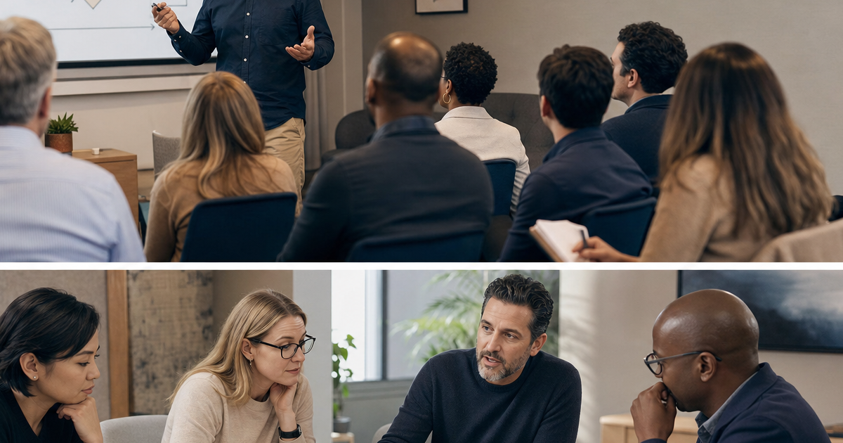 Calm editorial-style planning scene with a practical AI and automation advisor reviewing event session goals with an organizer in a believable modern business setting.