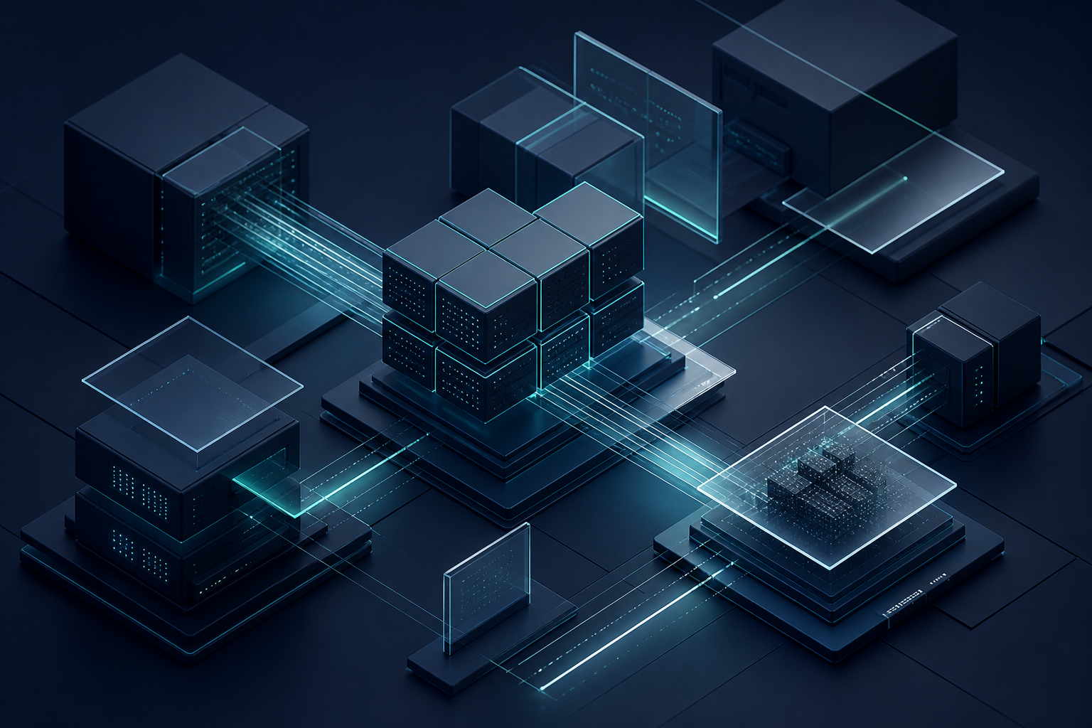 Structured business systems connected through clear data flows in a calm, modern operational environment