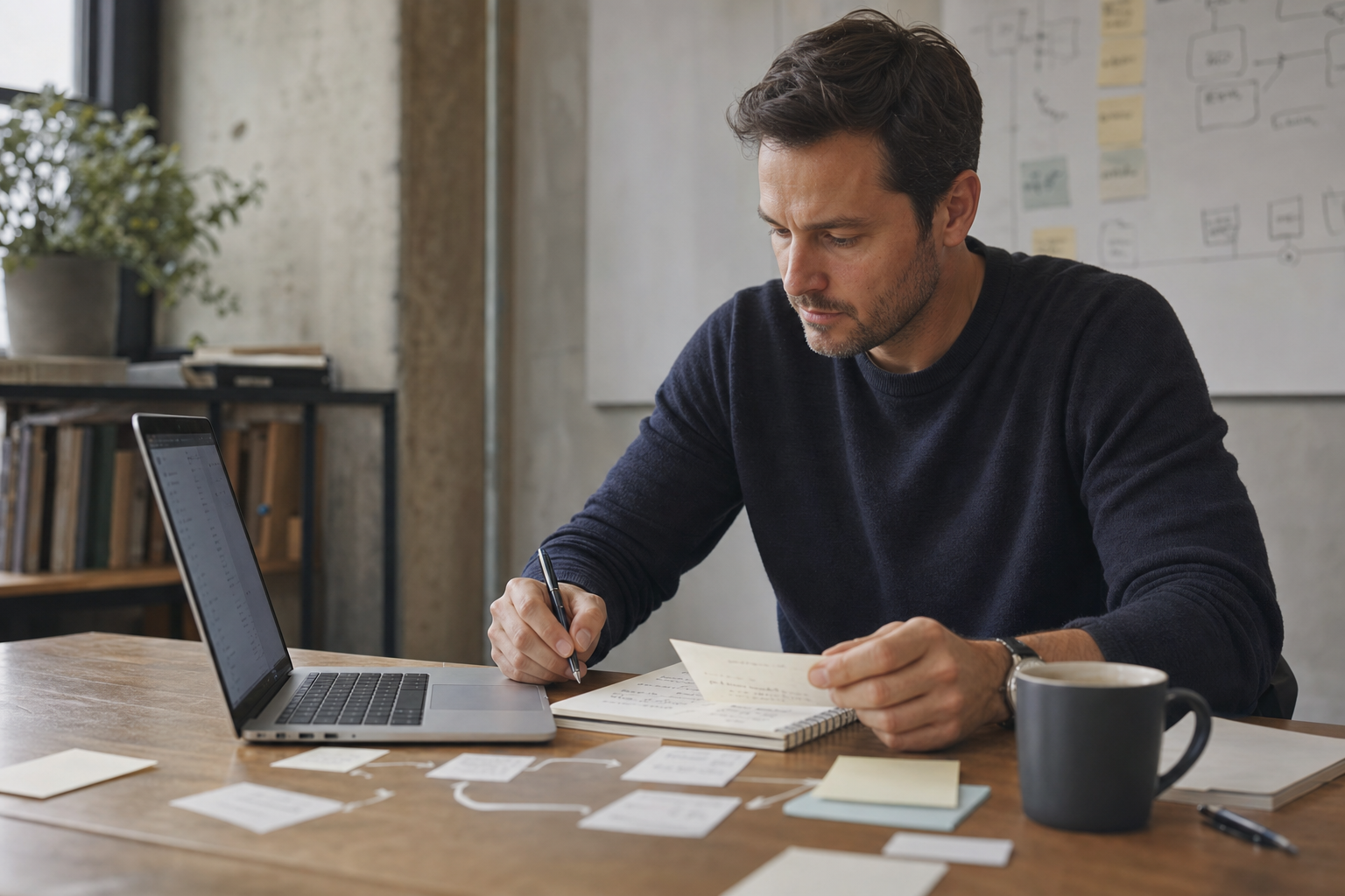 Escena editorial realista de una persona fundadora revisando seguimientos, notas y un portátil para decidir qué trabajo operativo automatizar con IA.