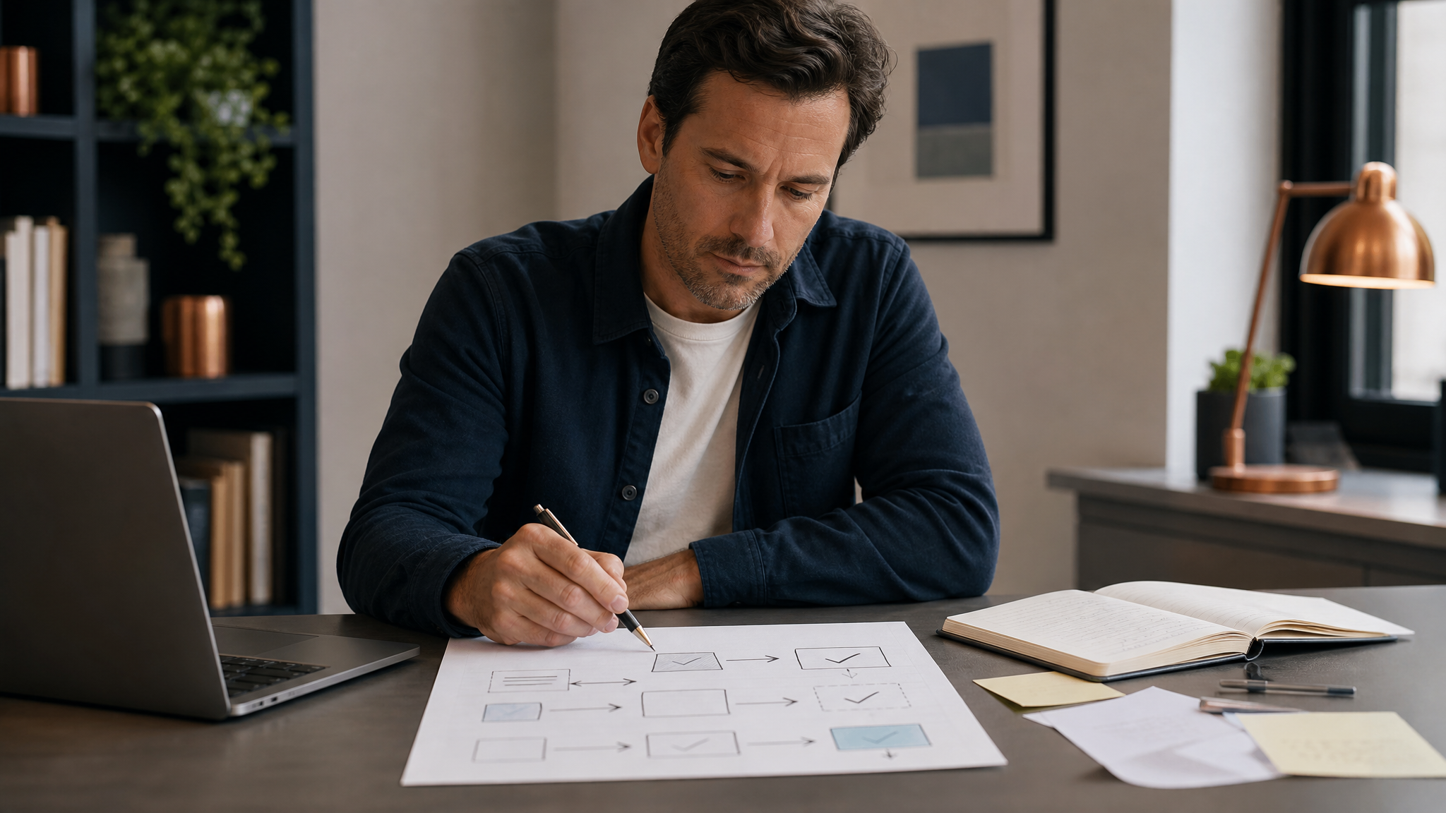 Escena editorial realista de una persona revisando tareas repetitivas, notas y un portátil para identificar oportunidades de automatización en la empresa.