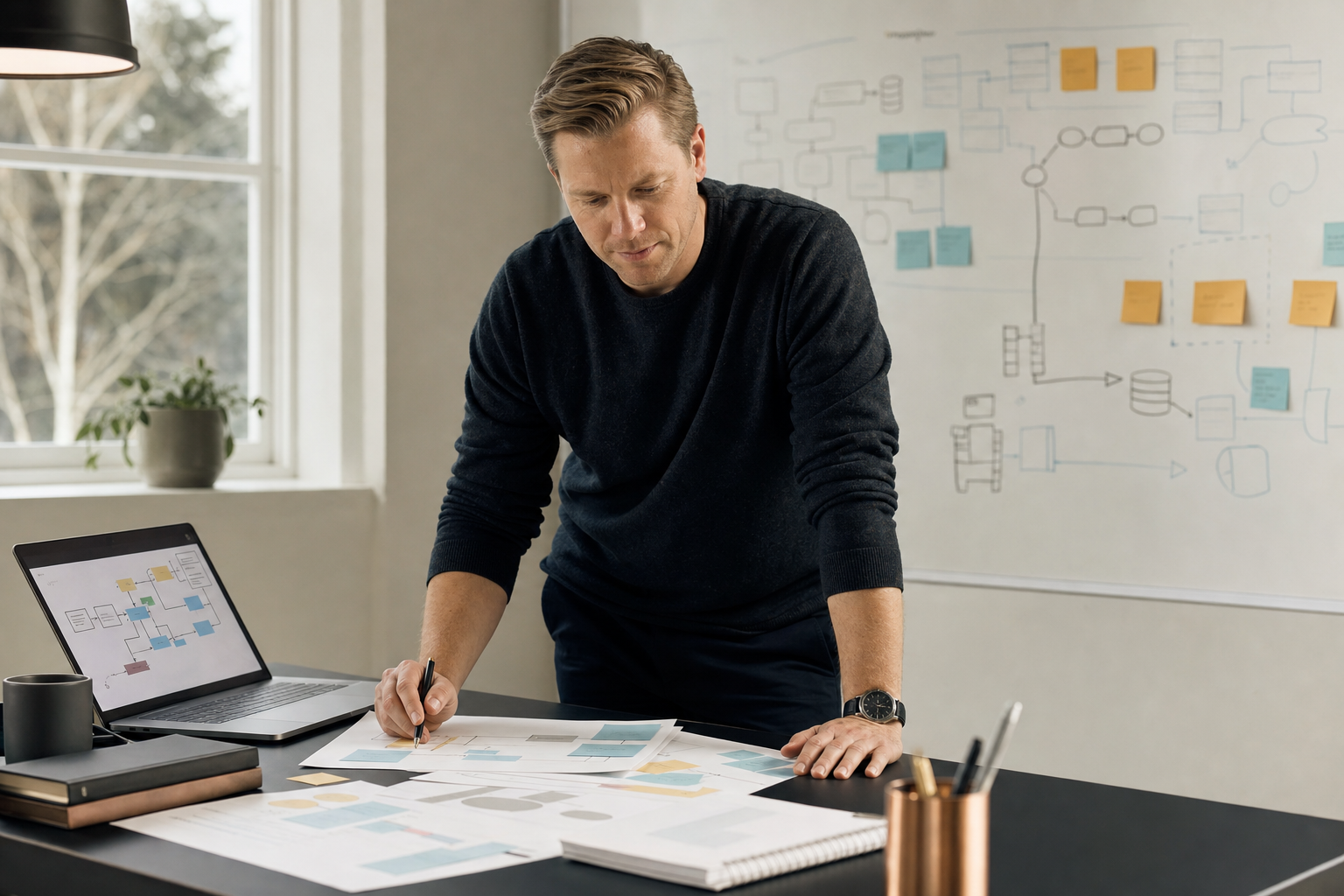 Realistic editorial-style business scene showing a founder simplifying a workflow map into a practical automation system.