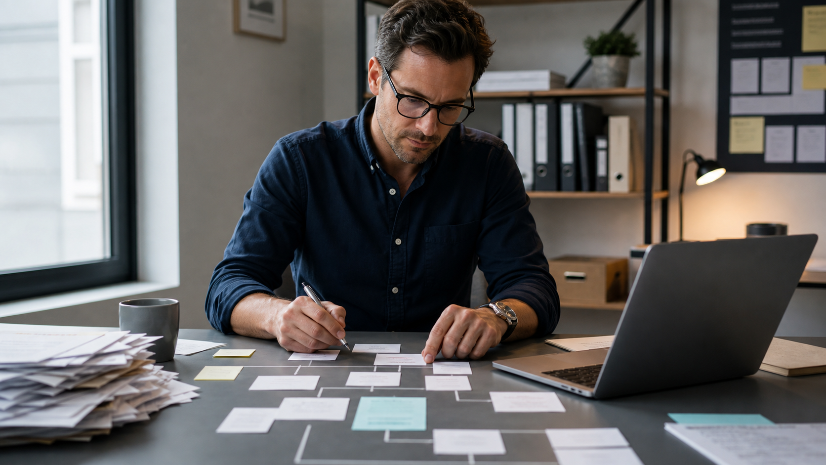 Calm business operator reviewing a small-business workflow map, notes, and a laptop to remove repeated manual work.