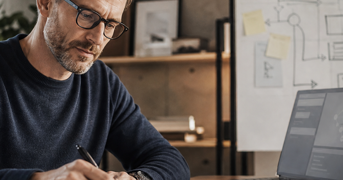 Editorial-style business workflow analysis scene showing Bjorn or a founder-operator reviewing a messy process and turning it into something clearer.