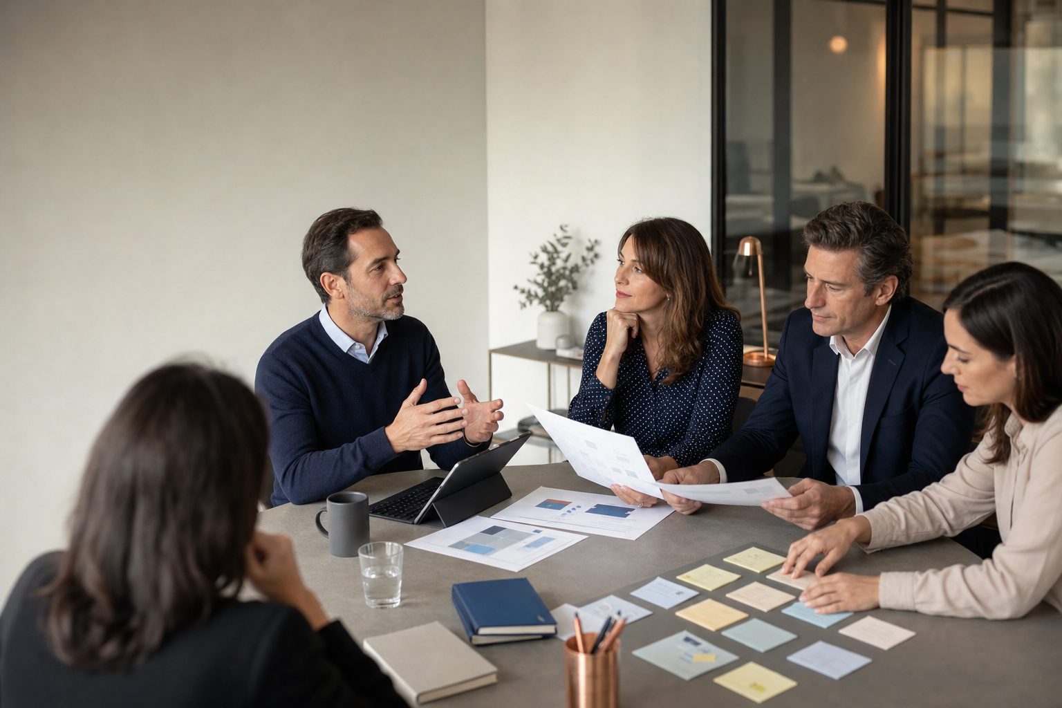Escena editorial realista de una conversación serena entre un organizador de eventos y un ponente de IA preparando una sesión útil para una audiencia empresarial.