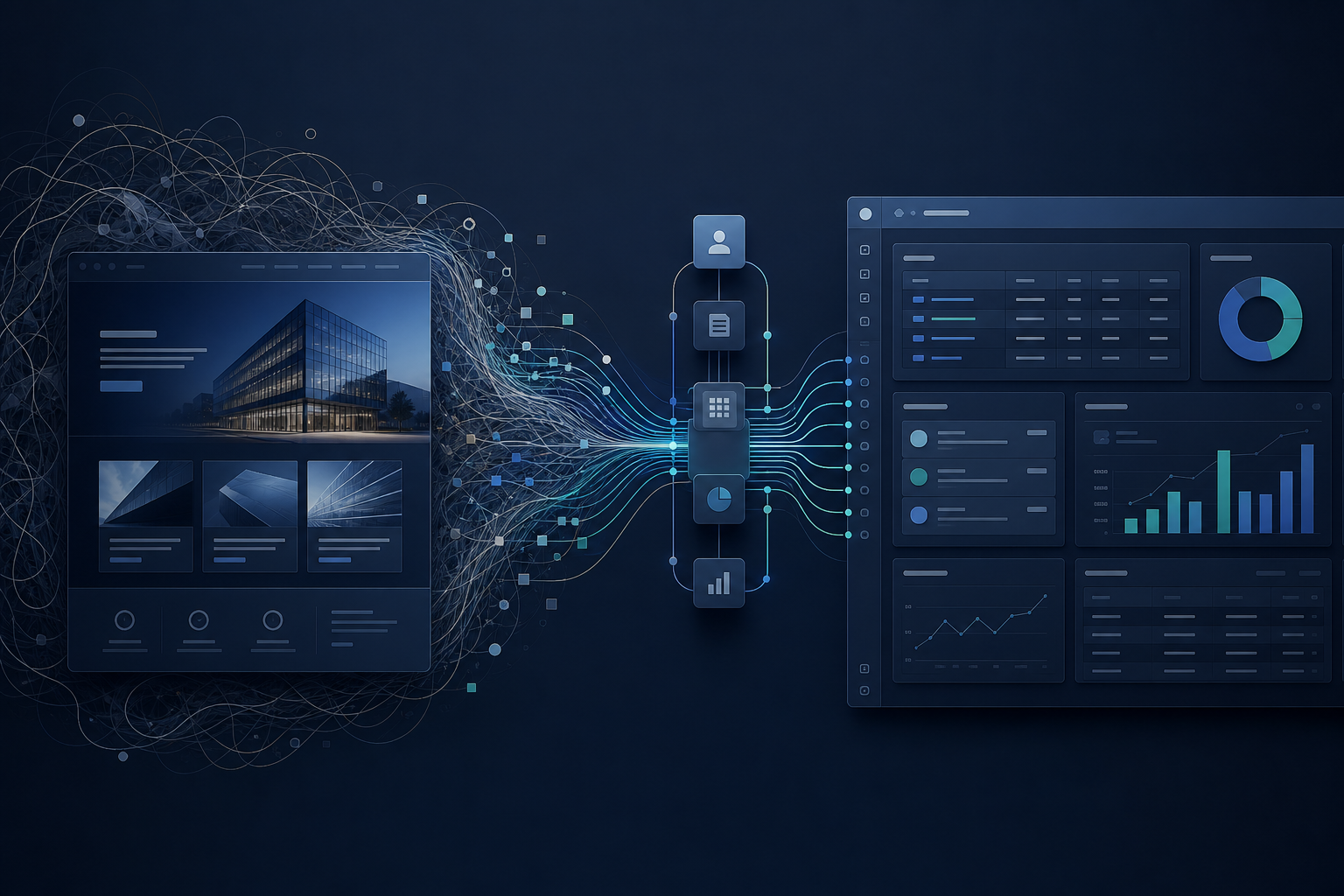 Structured visual of a business website connected to a CRM through clean data flows and organized system architecture