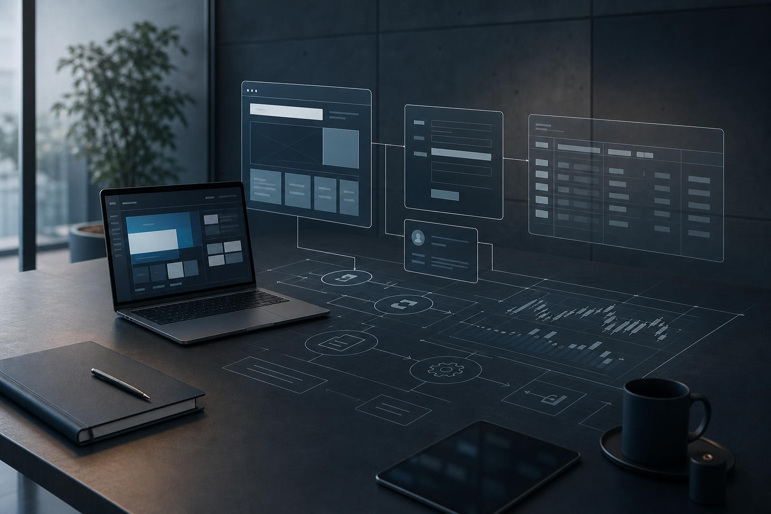 Escena de planificación de una web empresarial con flujos conectados entre ventas, formularios, CRM y operaciones en un entorno moderno y ordenado