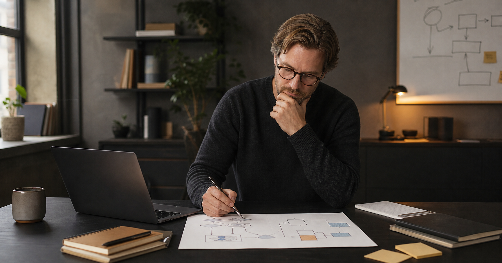 Thoughtful founder reviewing a simple workflow map at a desk in a calm, realistic workspace.