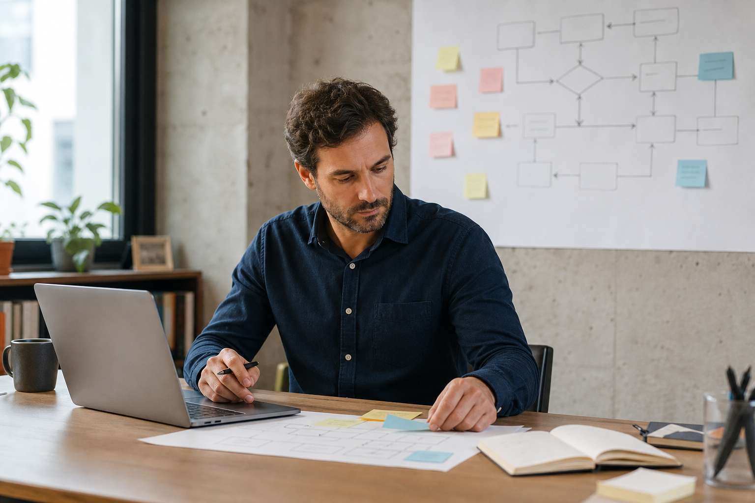 Escena editorial realista de una persona revisando prioridades de automatización en una empresa, con notas, flujos y contexto operativo en un entorno creíble.