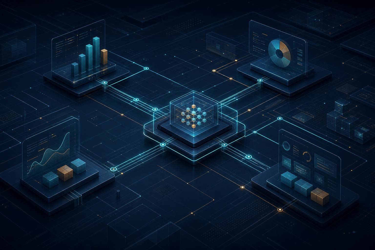 Visual de sistemas empresariales estructurados con flujos claros de datos de CRM, integraciones y visibilidad operativa en un entorno profesional y sereno