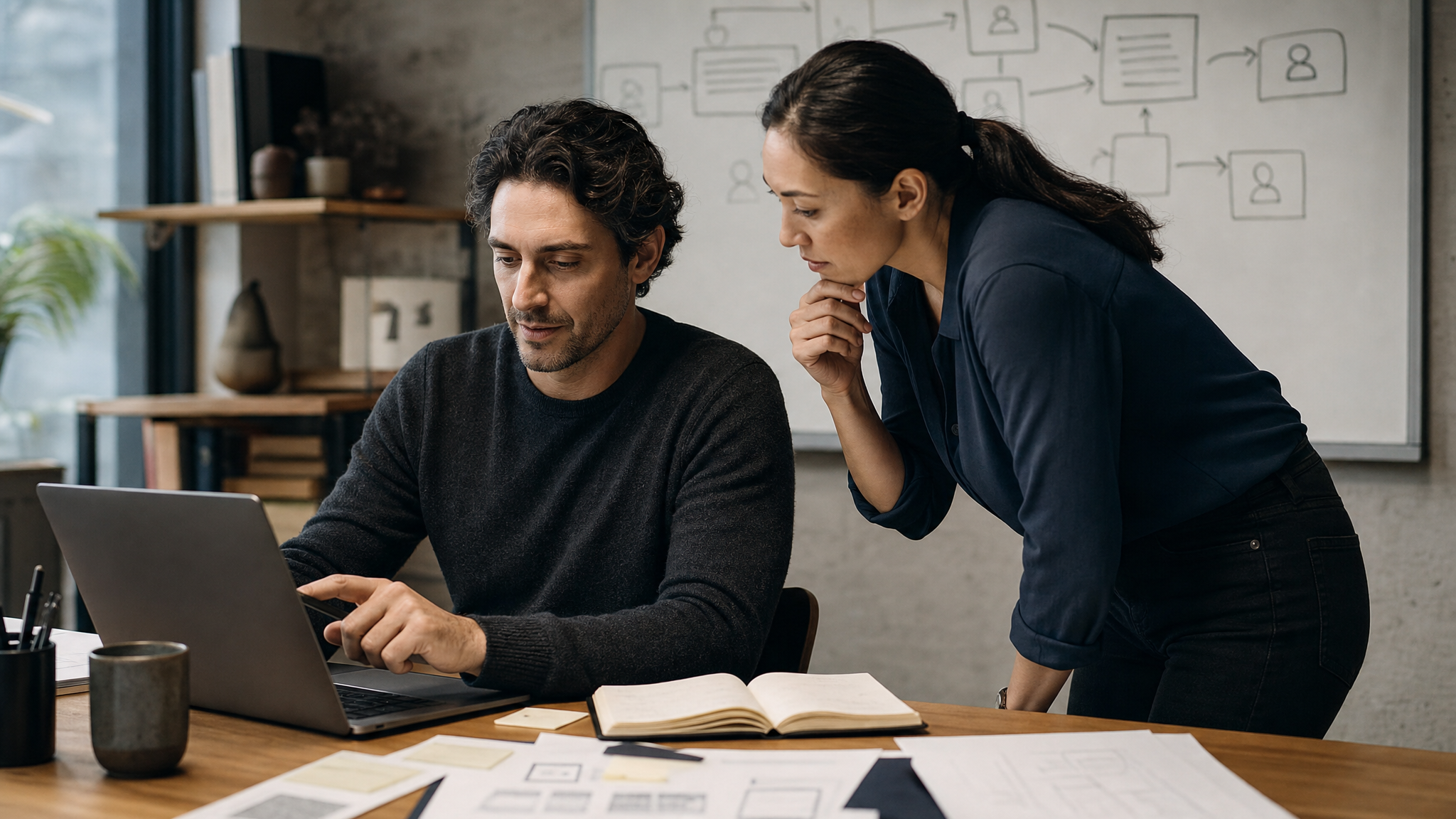 Editorial-style business scene showing two operators reviewing how AI fits into a real workflow in a calm modern workspace.