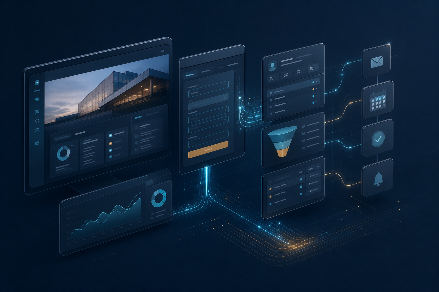 Structured business systems visual showing a company website connected to lead capture, CRM, and follow-up workflows in a calm, ordered environment