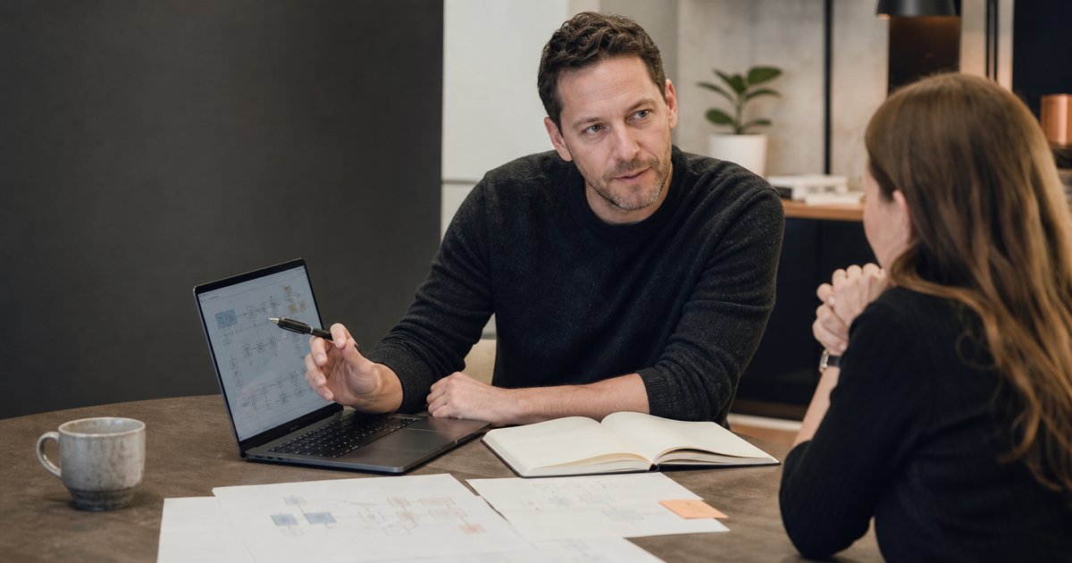Editorial-style business decision scene showing a founder-operator reviewing workflow diagrams and software fit with an advisor.