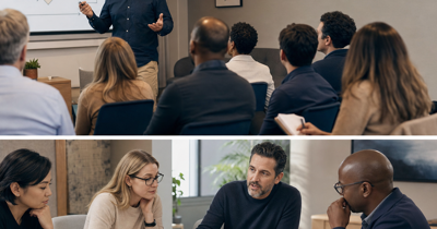Calm editorial-style planning scene with a practical AI and automation advisor reviewing event session goals with an organizer in a believable modern business setting.