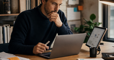 Calm editorial-style founder workspace scene showing a business operator simplifying workflow decisions at a desk with laptop, notes, and practical planning materials.