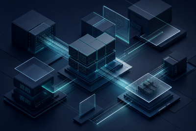 Structured business systems connected through clear data flows in a calm, modern operational environment