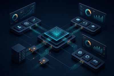 Structured business systems visual showing clear CRM data flows, integrations, and operational visibility in a calm professional environment