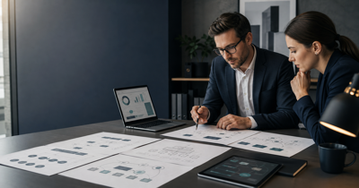 Structured business meeting scene with an operations leader and technical advisor reviewing workflow diagrams, system connections, and software planning materials in a calm modern office.