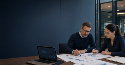 Escena editorial realista en una reunión de negocio, con una responsable de operaciones y un asesor técnico revisando diagramas de procesos, conexiones entre sistemas y materiales de planificación de software en una oficina moderna y calmada.