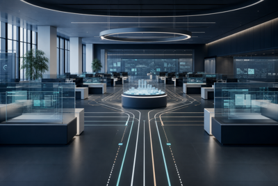 Structured business systems visual showing order, connected workflows, and operational clarity in a calm corporate environment