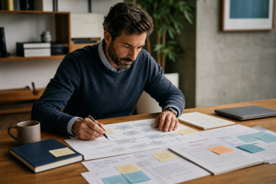 Escena editorial realista de una persona revisando un flujo operativo, notas y decisiones de despliegue de IA en una mesa de trabajo tranquila y creíble.
