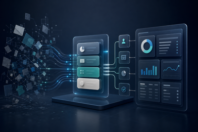 Visual estructurado de una web de empresa conectada a un CRM mediante flujos de datos claros y una arquitectura ordenada
