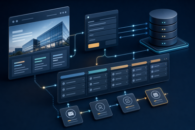 Visual de sistemas empresariales estructurados con una pagina web conectada a captación de contactos, CRM y flujos de seguimiento en un entorno ordenado y profesional