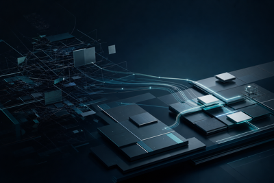 Business operator reviewing a connected systems map linking CRM, ERP, and operations tools in a calm modern workspace.