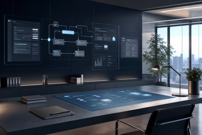 Structured business website planning scene showing connected sales, operations, and system workflows in a calm modern office setting